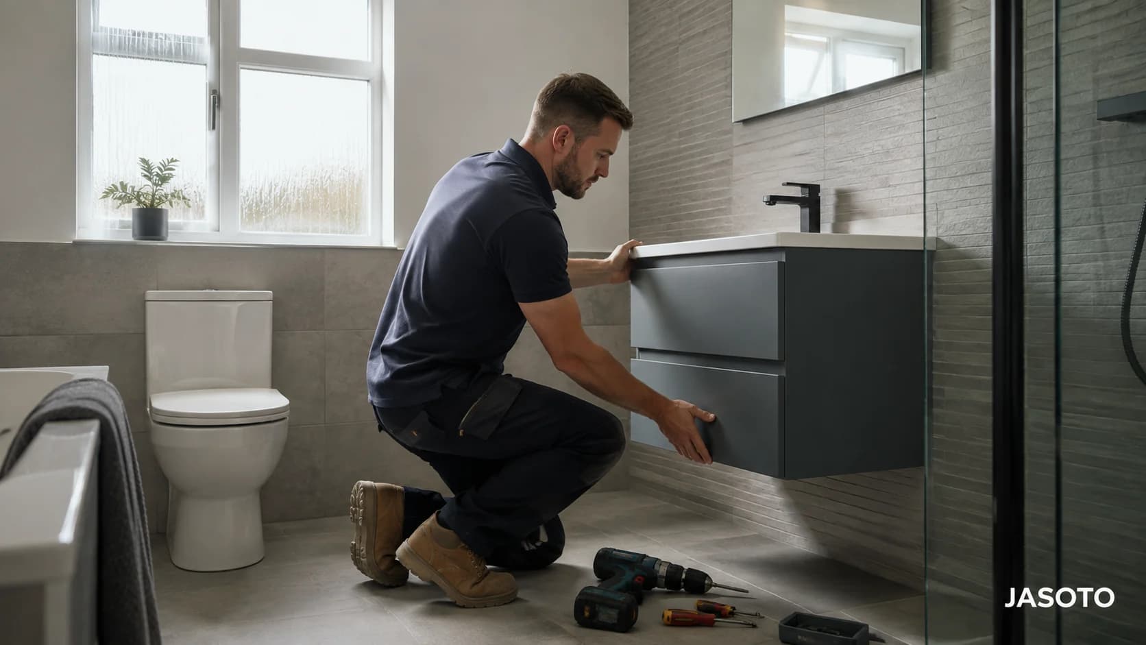 Professional bathroom fitter installing a bathroom in a UK home