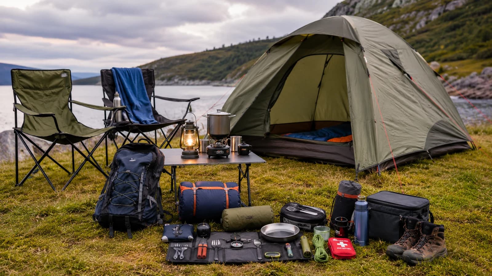 Camping tent and outdoor camping essentials