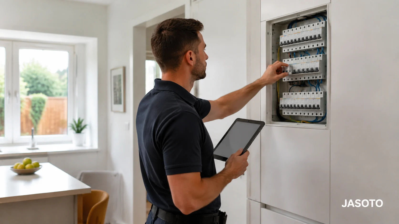 Qualified electrician carrying out electrical work in a UK property