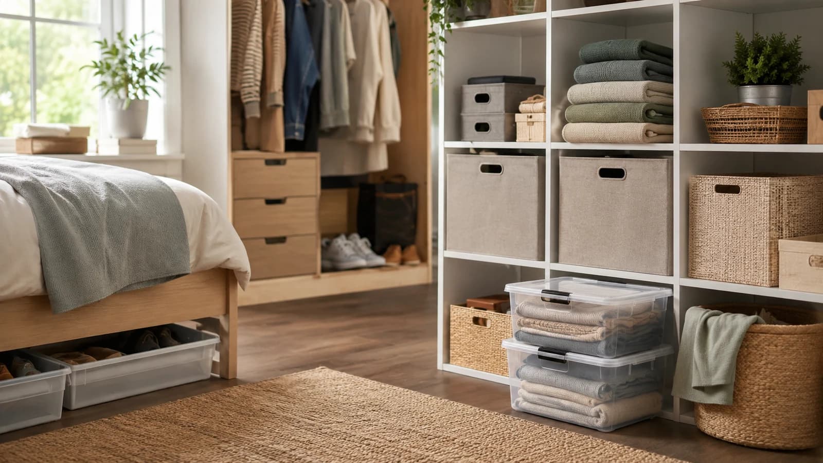 Stackable home storage boxes in a small organised room