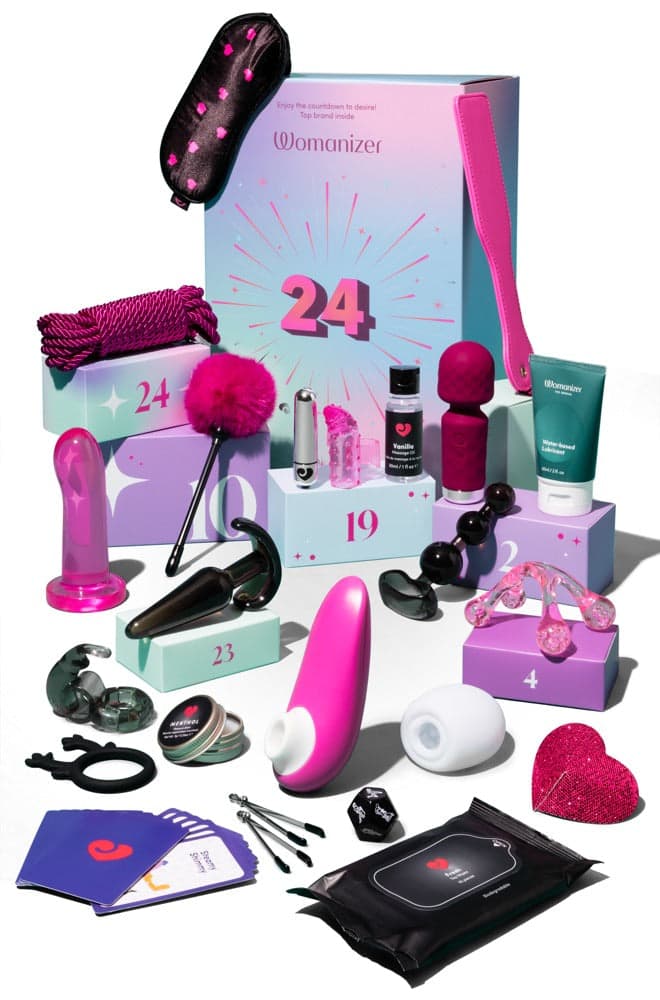 Pastel Magic Shiver × Lovehoney Enjoy 2026 Advent calendar with numbered boxes and products arranged in front.
