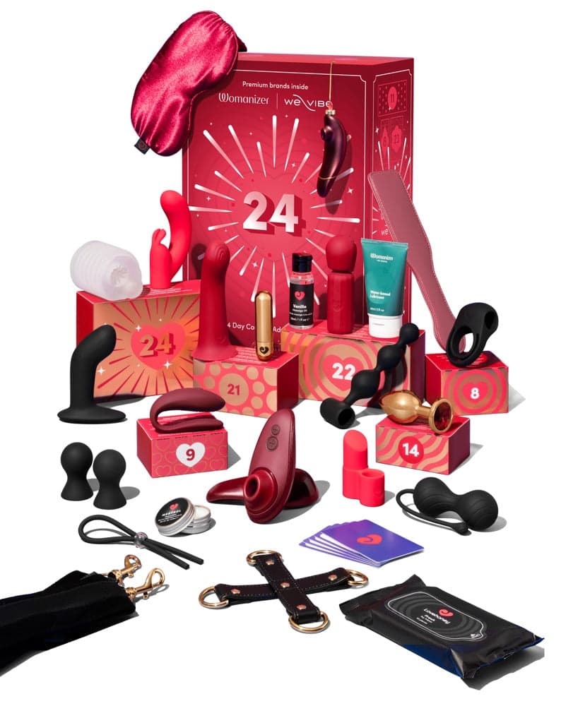 Red Magic Shiver × Lovehoney Couples 2026 Advent calendar with numbered boxes and products arranged in front.