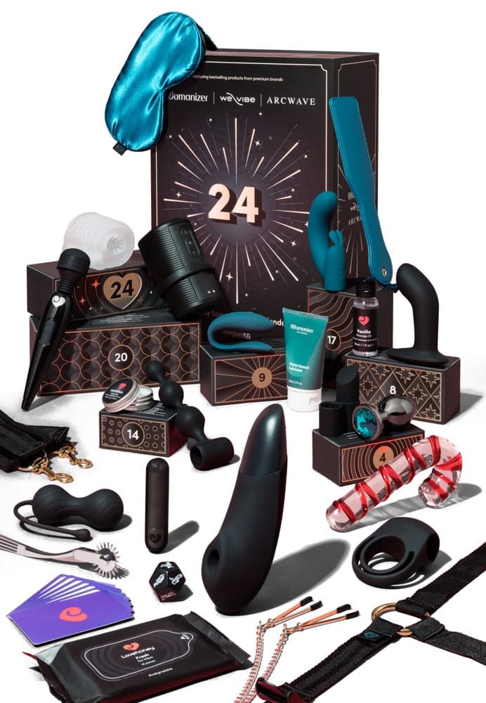 Black Luxury advent calendar with numbered gift boxes and adult products arranged against a white background.