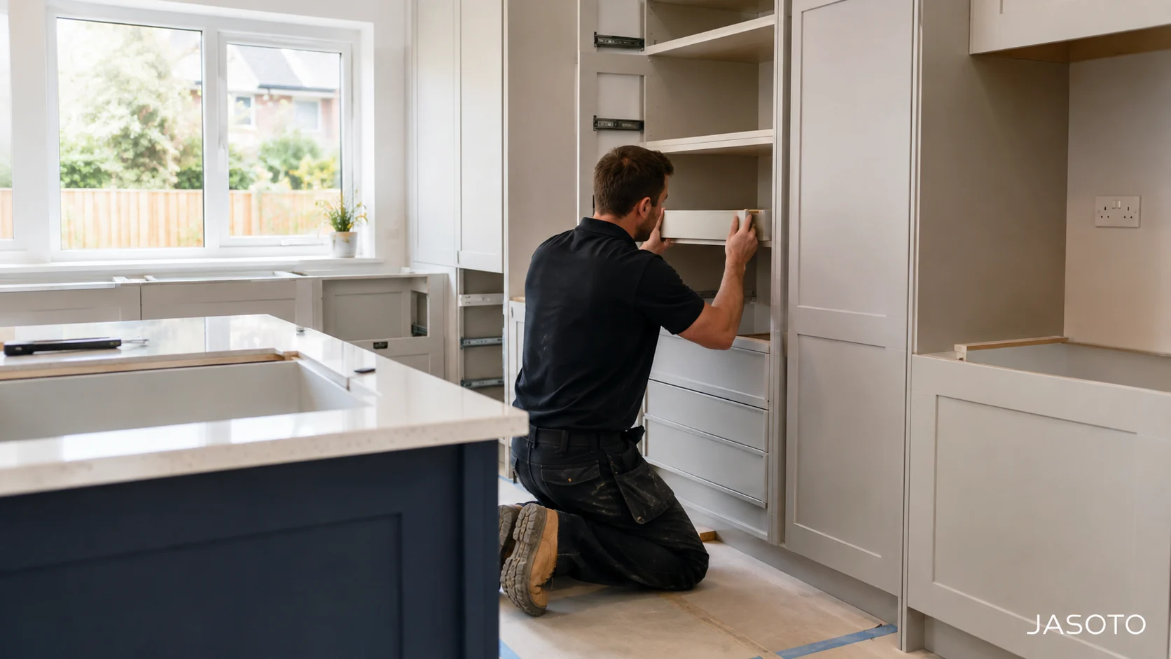 Professional kitchen fitter installing kitchen units in a UK home