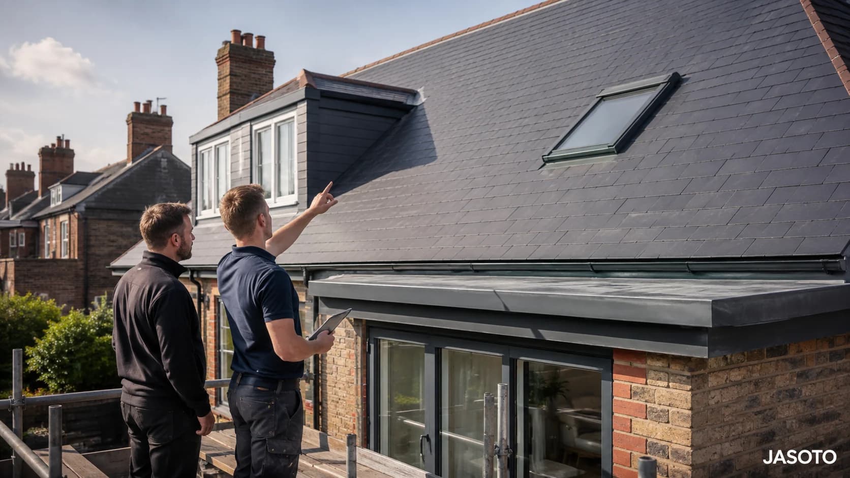 Roofers working on a residential property roof in the UK