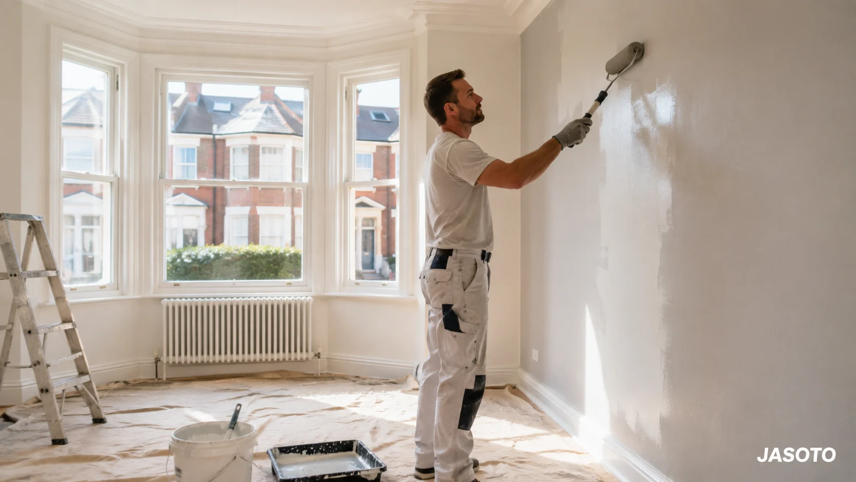 Professional painter and decorator working inside a UK home