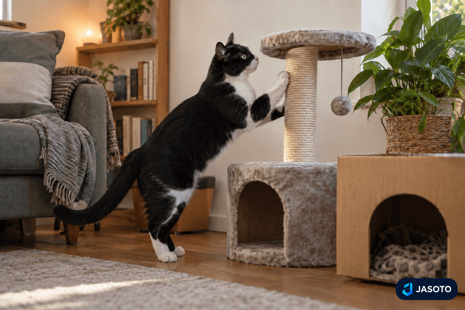 A cat play area does not have to take over the room. Start with somewhere to hide, a suitable scratching surface and short supervised play sessions.