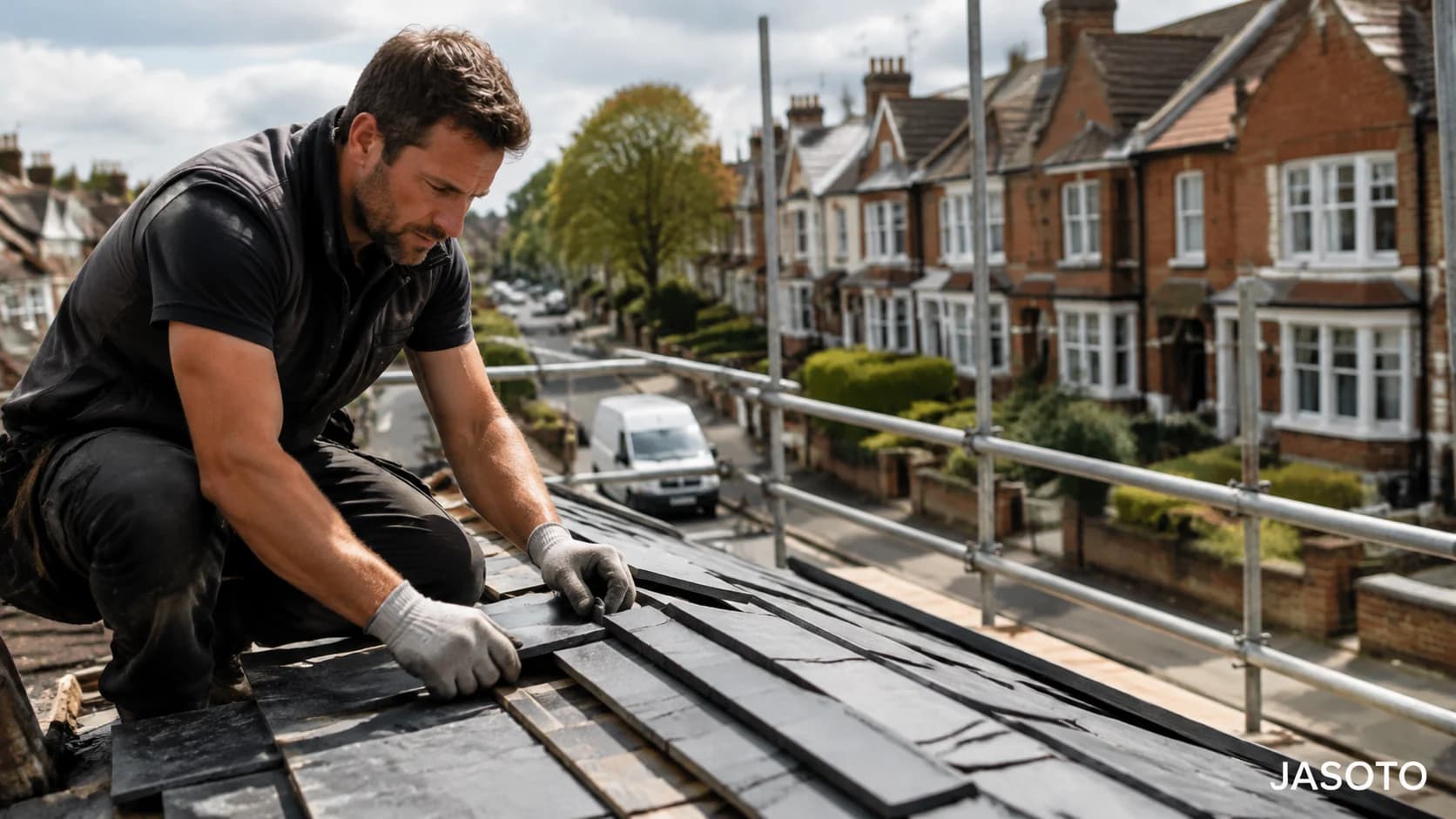 Professional roofer carrying out roof repairs on a UK property