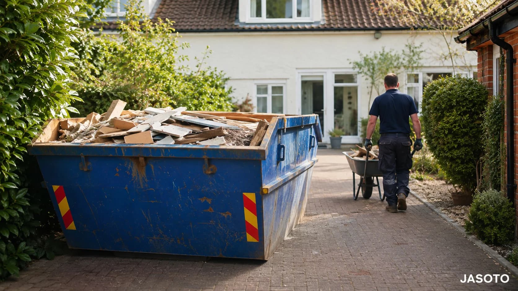 Skip hire container being used for building waste in the UK