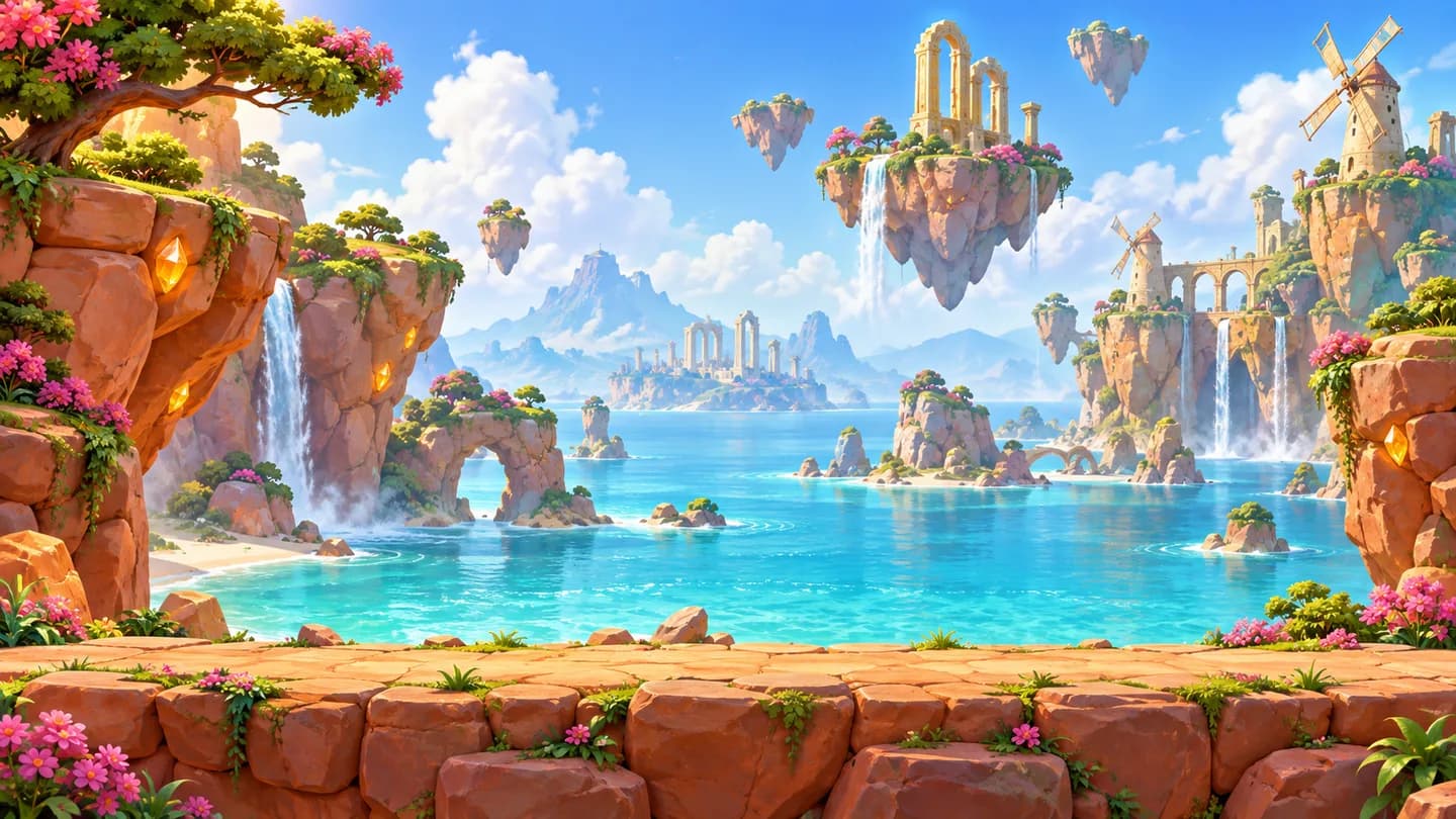 Floating islands, waterfalls and amber crystals above an azure sea