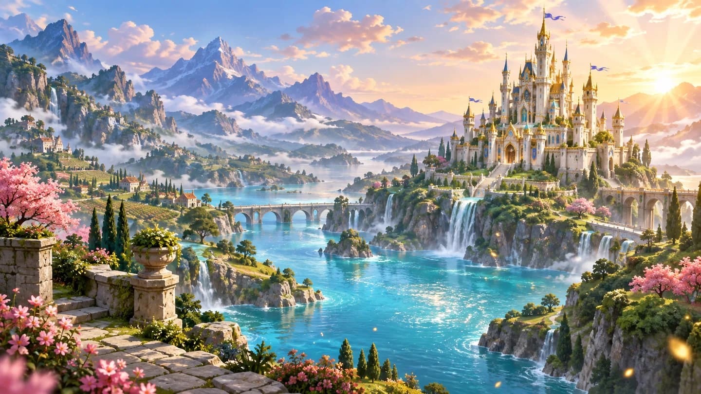 Sunlit ivory castle above a turquoise river and flowering fantasy gardens