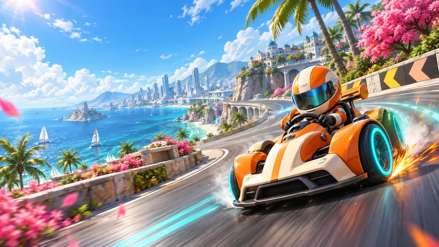 An original orange kart drifting around a bright coastal circuit
