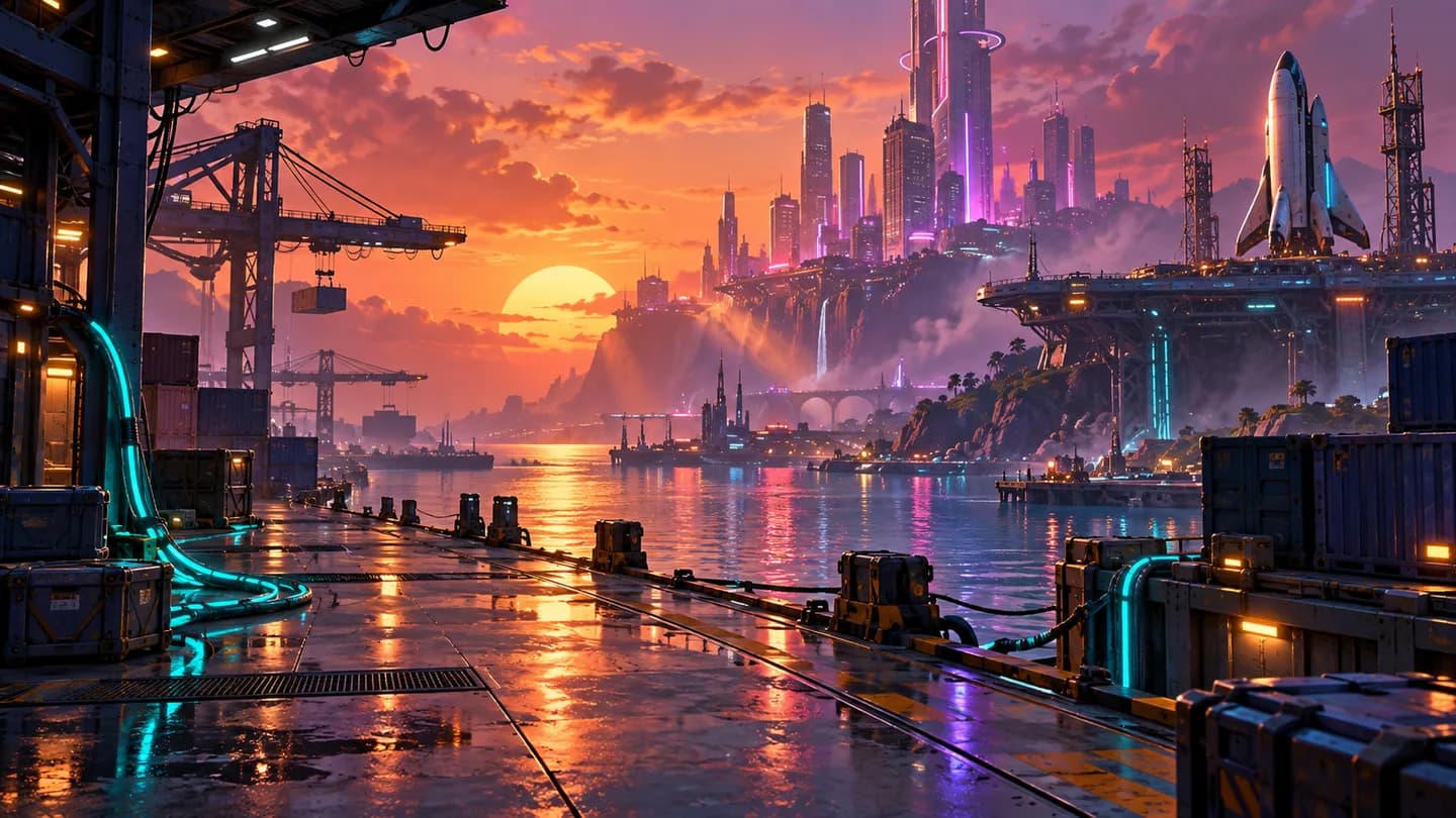 Neon harbour, orbital shuttle and violet city towers at sunset