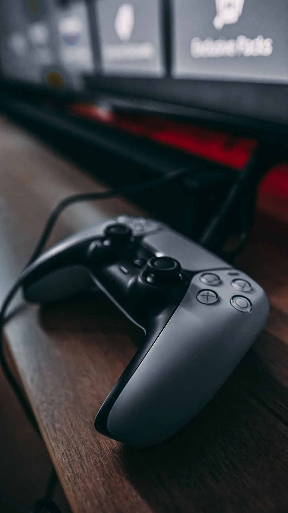 A games controller on a wooden desk beside a screen