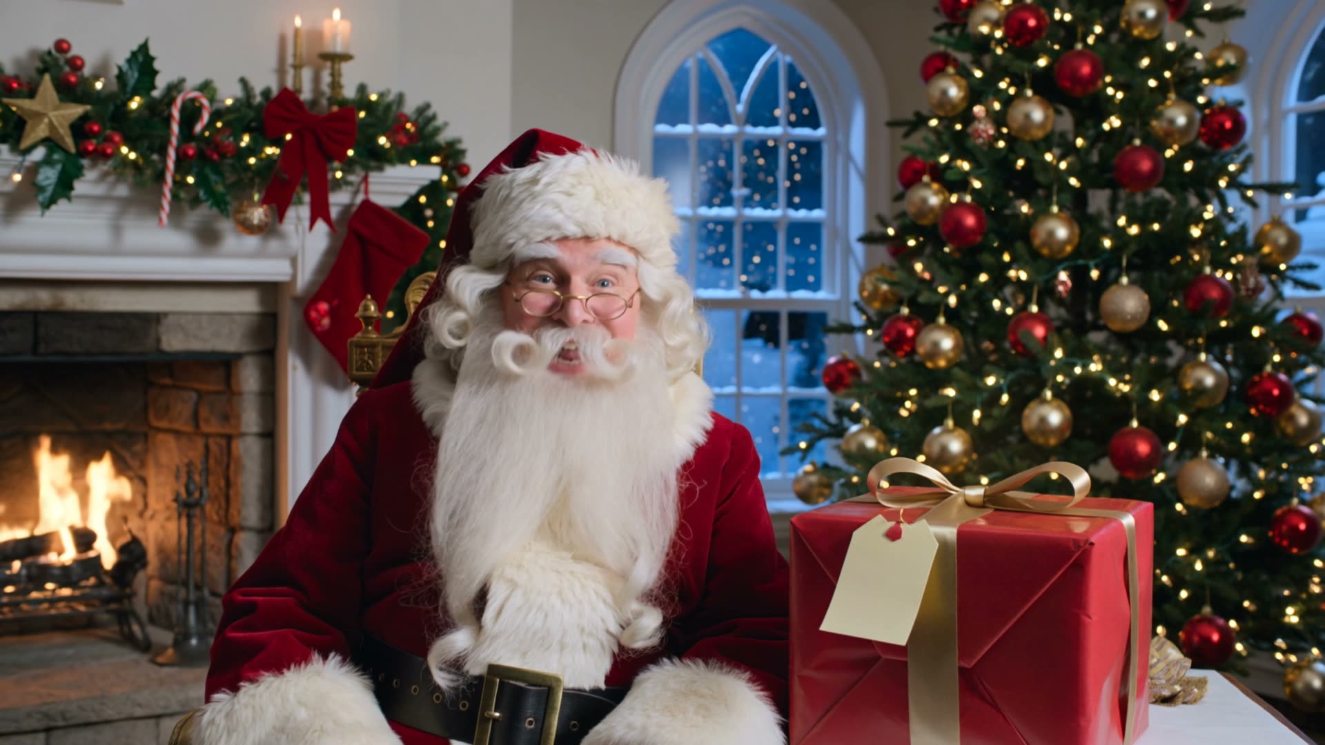 Santa with a white beard and gold spectacles in his Christmas workshop